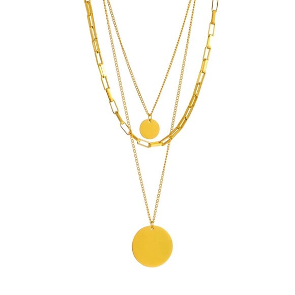 NEW Layered Round Pendant Necklace 18K Gold Plated Elegant Statement Preppy Chic - Picture 4 of 10